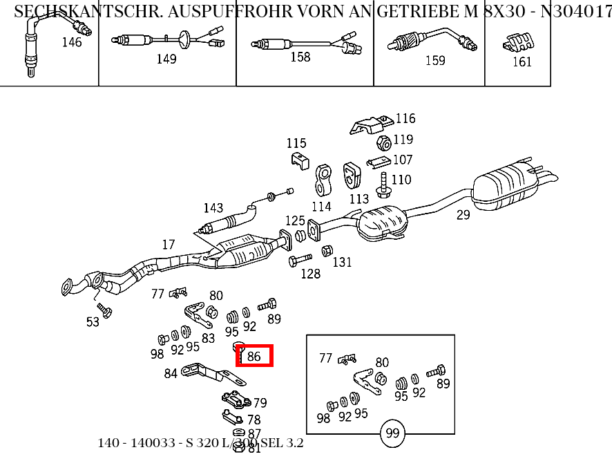 Sechskantschraube AUSPUFFROHR VORN AN GETRIEBE M 8X30 S 320 L/300 SEL 3.2 140
