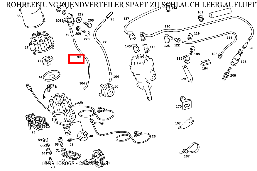 Rohrleitung ZUENDVERTEILER SPAET ZU SCHLAUCH LEERLAUFLUFTVERTEILER,ZUSATZLUFTSCHIEBER 340mm; 4X1mm 280 SEL 4.5 108