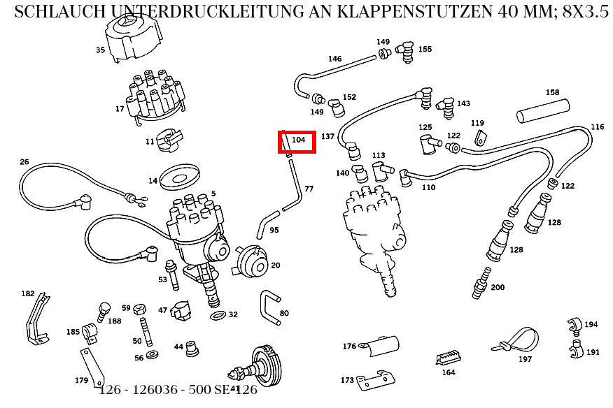 Schlauch UNTERDRUCKLEITUNG AN KLAPPENSTUTZEN 40 MM; 8X3.5 MM 500 SE-126 126