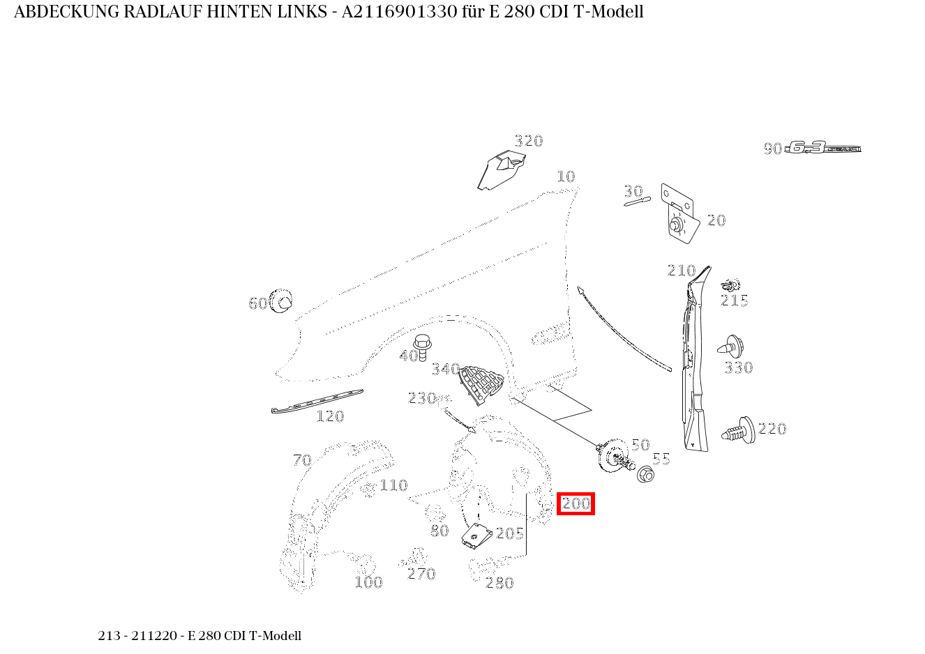 Abdeckung RADLAUF HINTEN LINKS E 280 CDI T-Modell 213