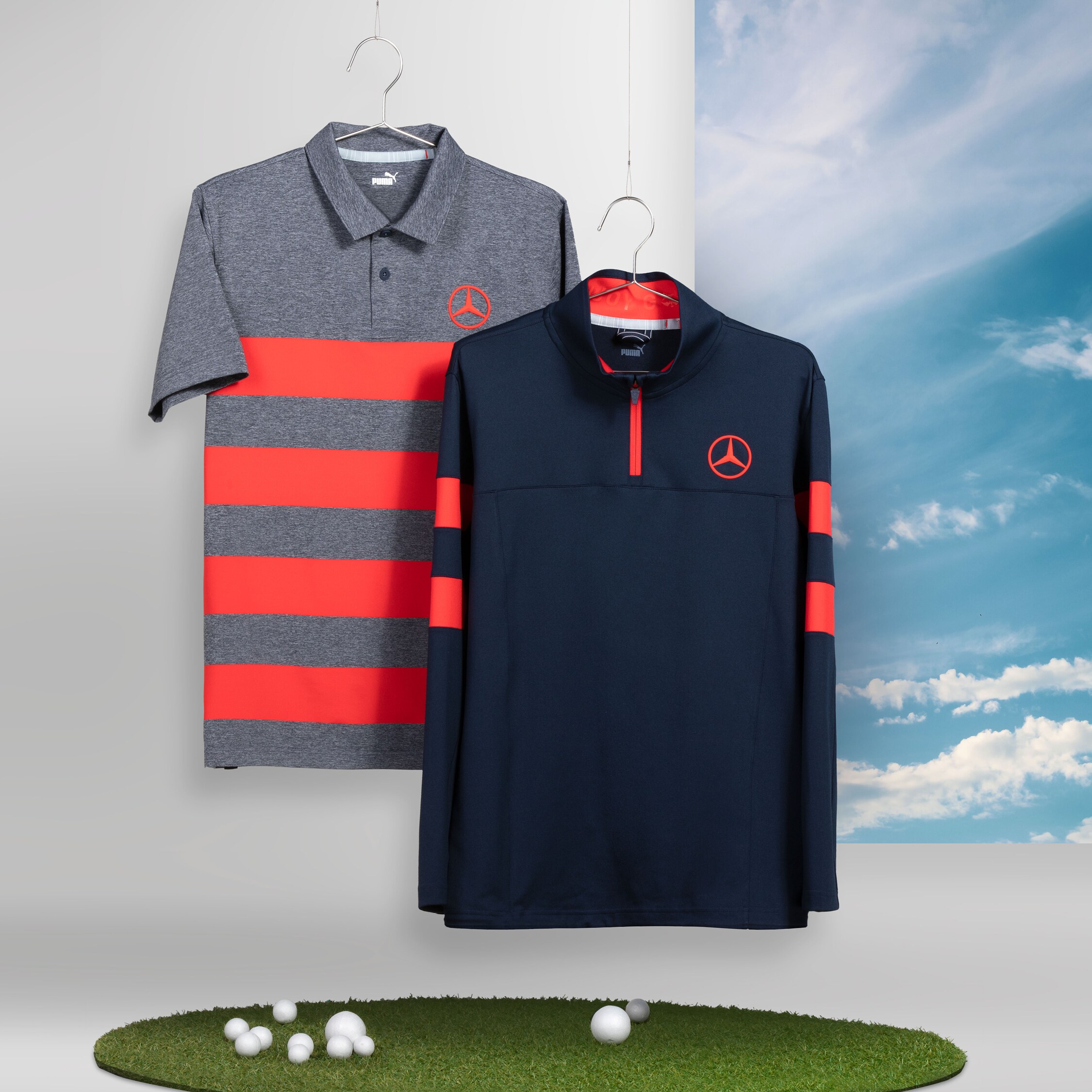 Men's golf polo shirt (grey/red) & Men's golf sweater (navy/red)