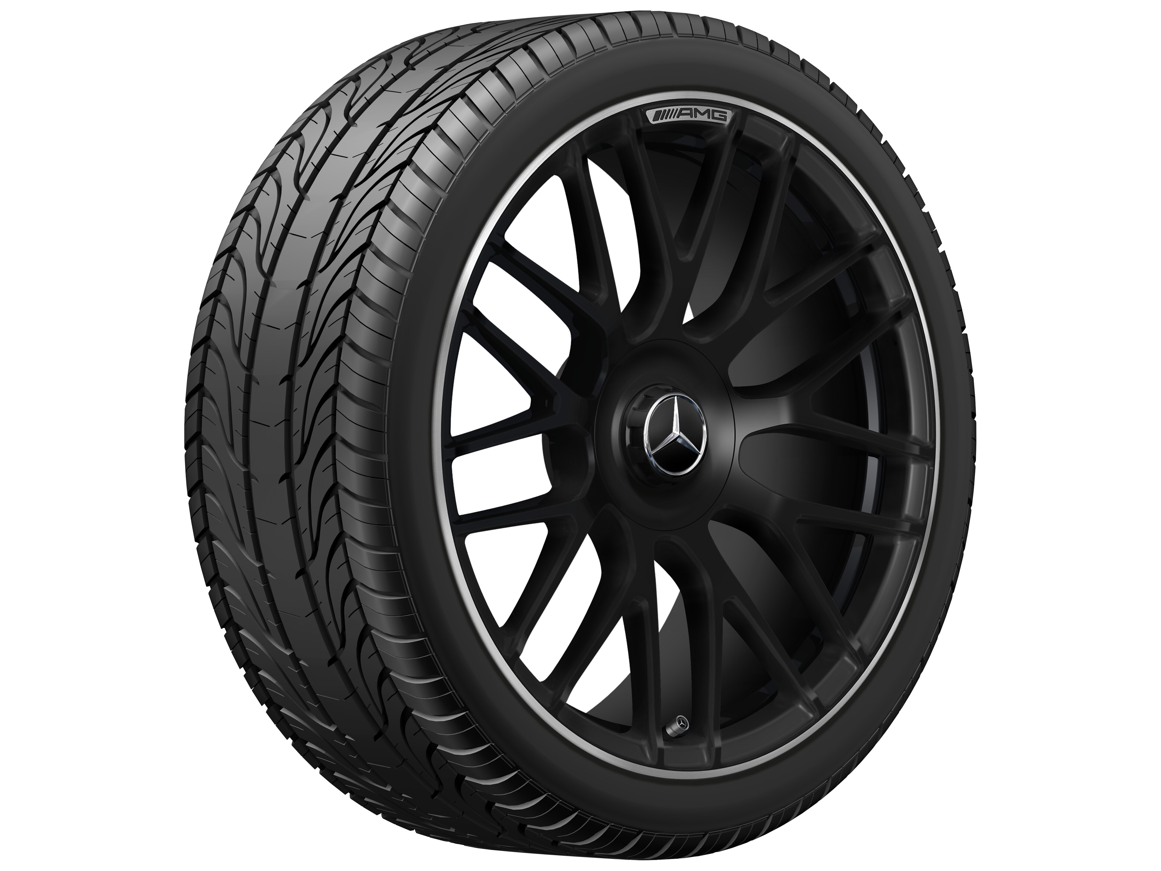 Mercedes-Benz - AMG Schmiederad im Kreuzspeichen-Design, 19 Zoll, 8,5 J x 19 ET 38, schwarz matt, Felgenhorn glanzgedreht