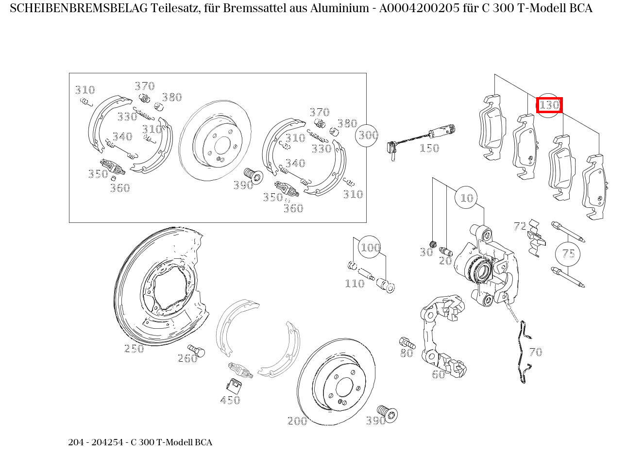 Scheibenbremsbelag Teilesatz, für Bremssattel aus Aluminium C 300 T-Modell BCA 204