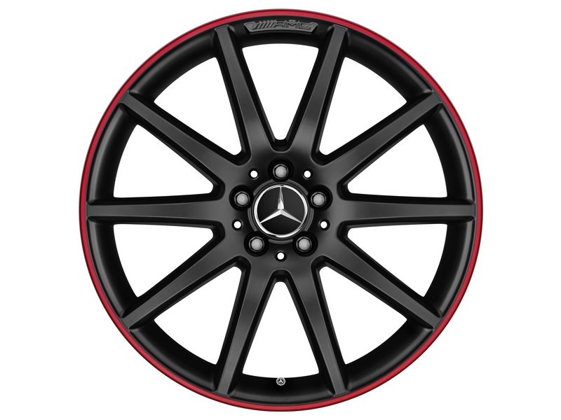 AMG Felge schwarz mit rotem Rand. Verlinkt auf die Kategorie: AMG-Felgen