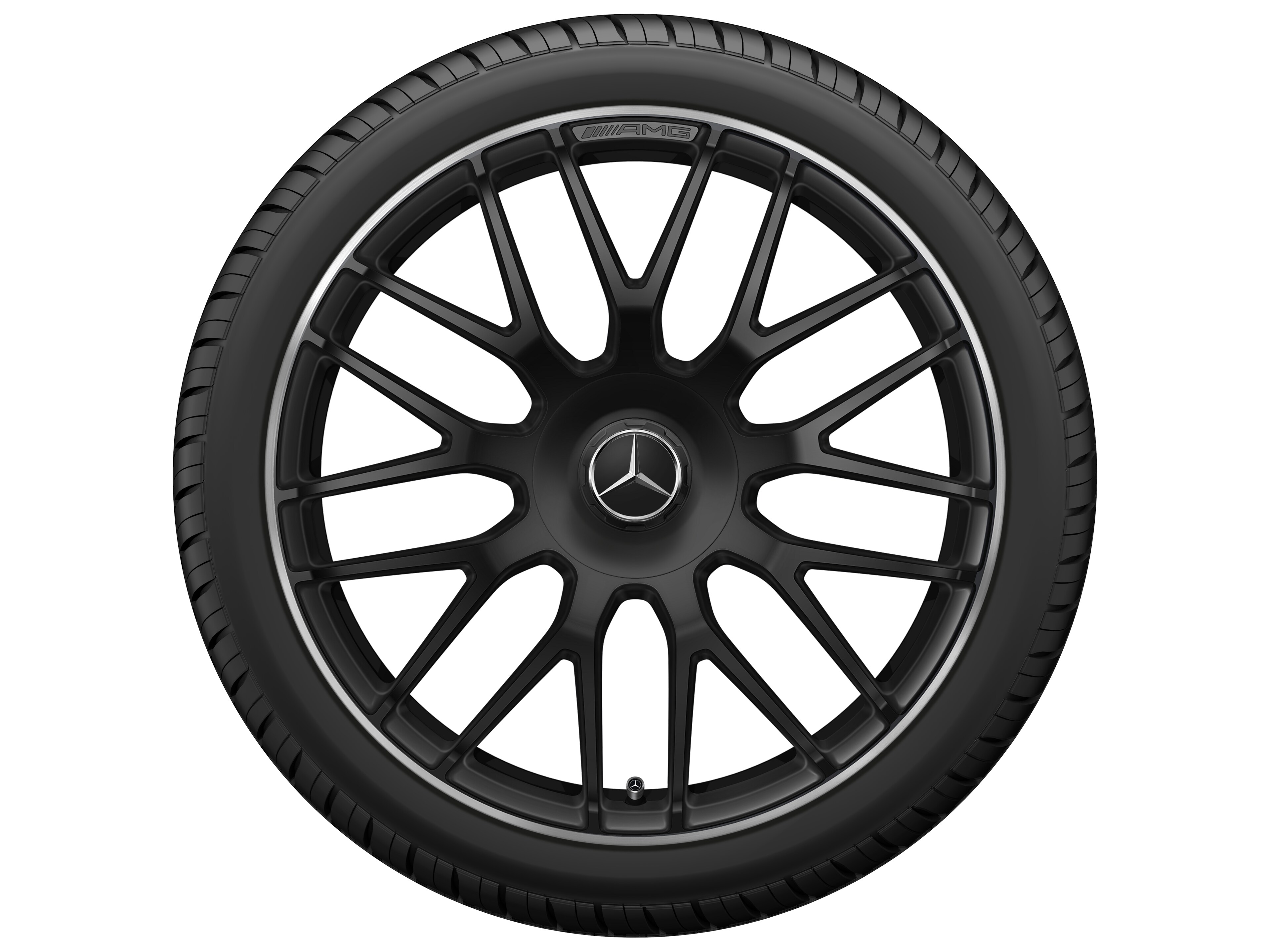 Mercedes-Benz - AMG Schmiederad im Kreuzspeichen-Design, 19 Zoll, 8,5 J x 19 ET 38, schwarz matt, Felgenhorn glanzgedreht